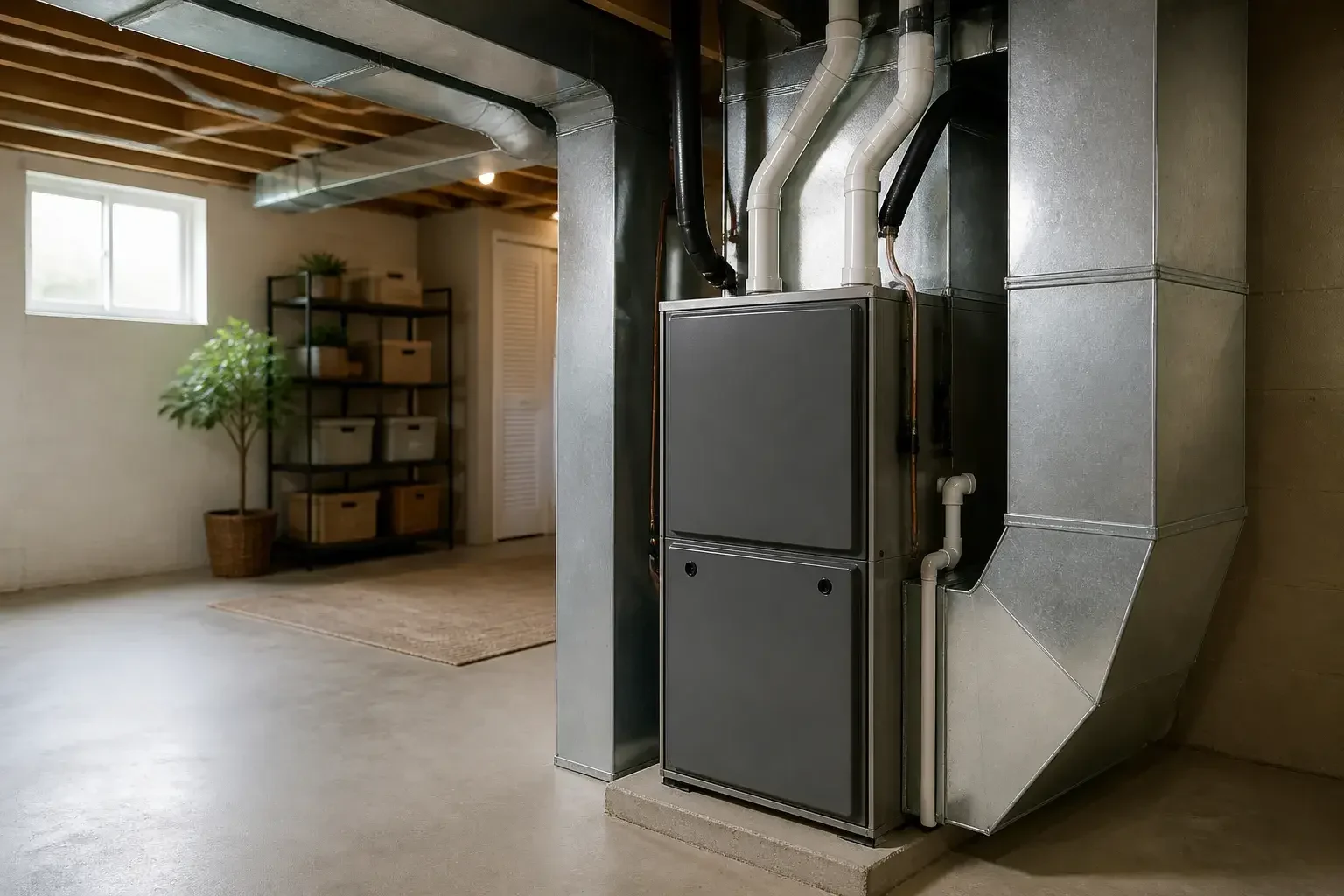 Finished furnace installation in a clean basement utility room