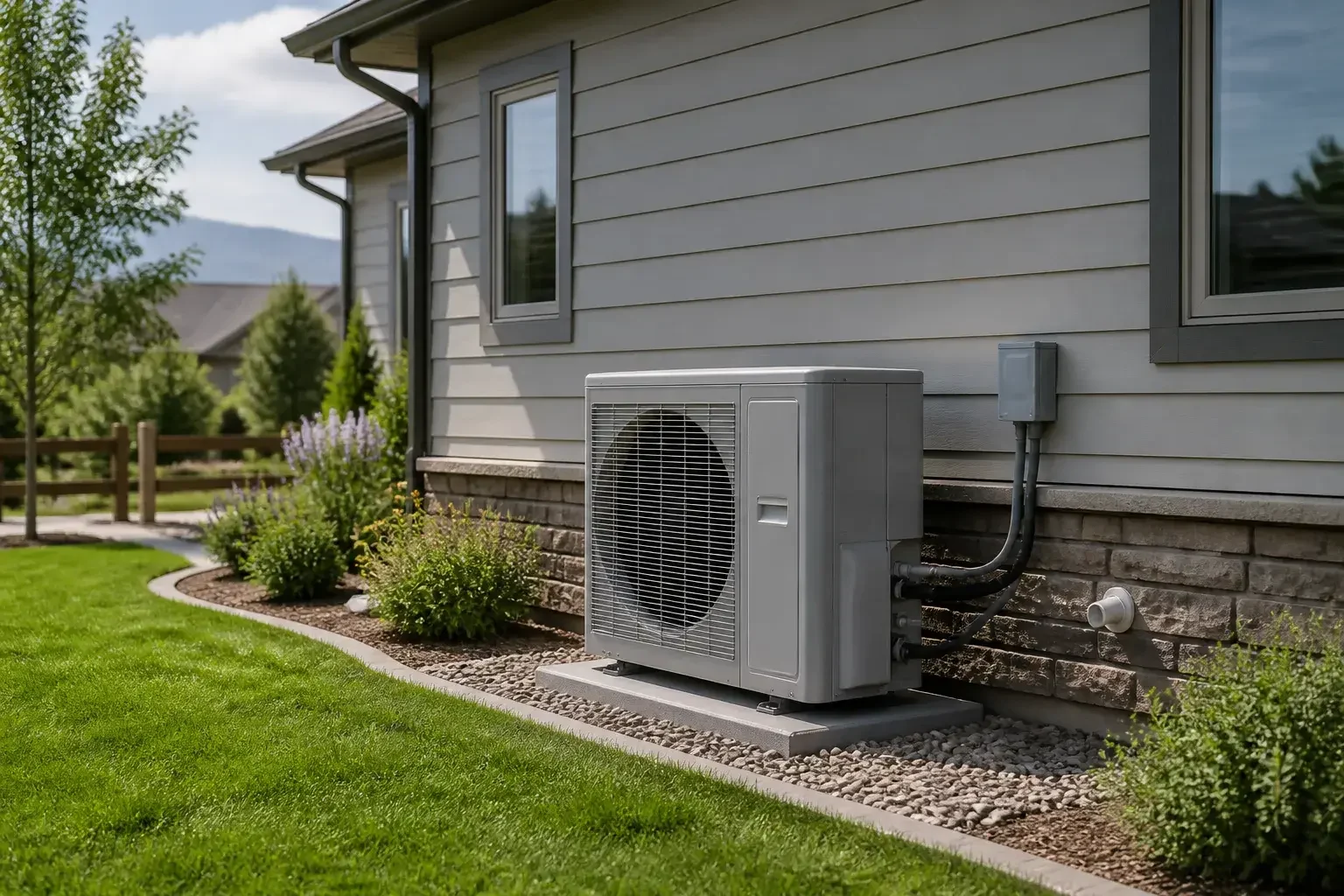 Completed heat pump installed beside a tidy suburban home