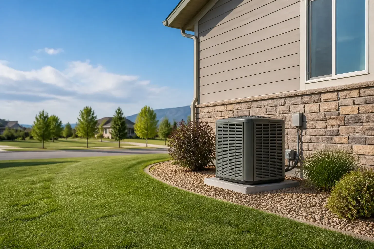 Calm wide view of a finished HVAC installation at a home