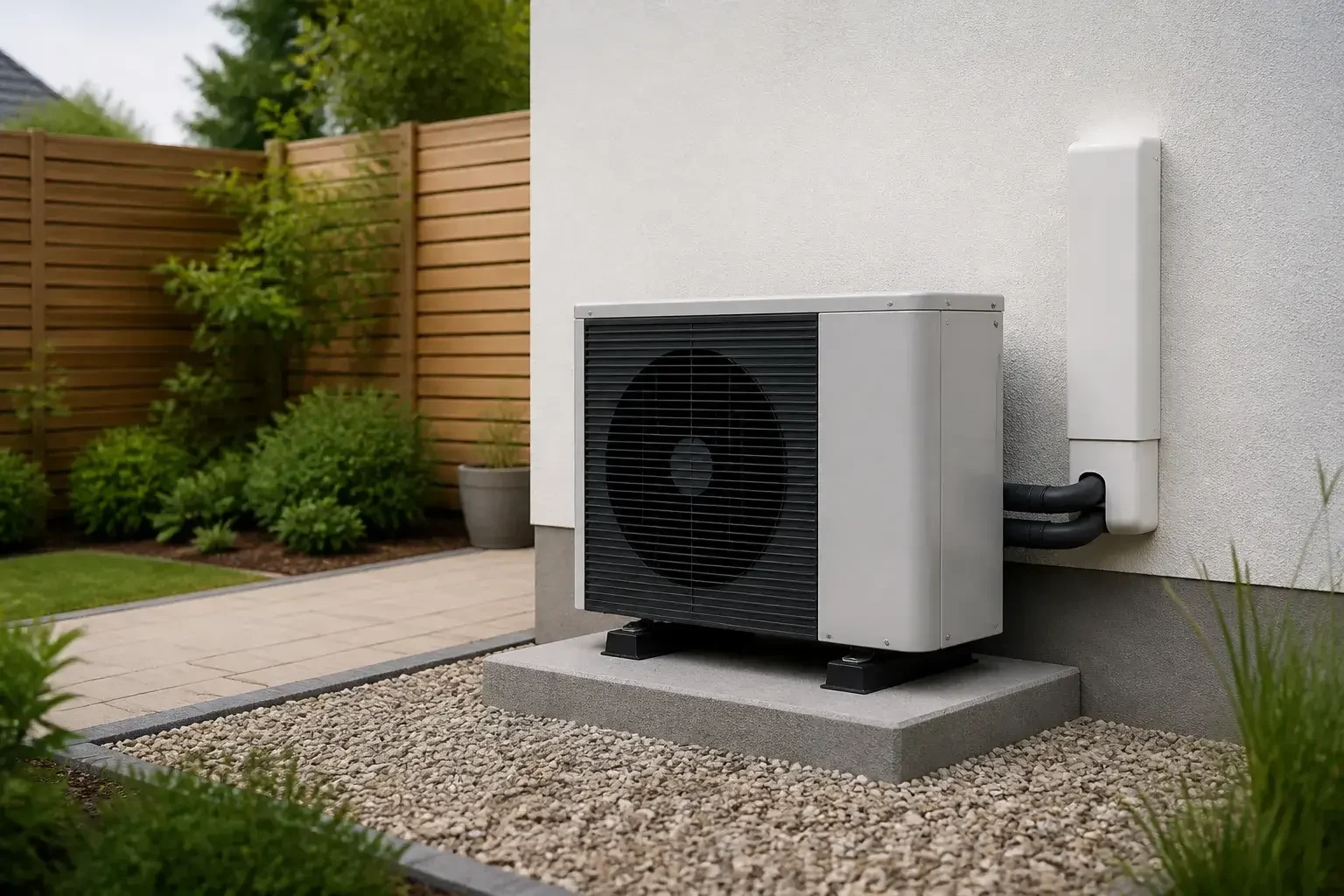 Completed heat pump installation in a tidy backyard
