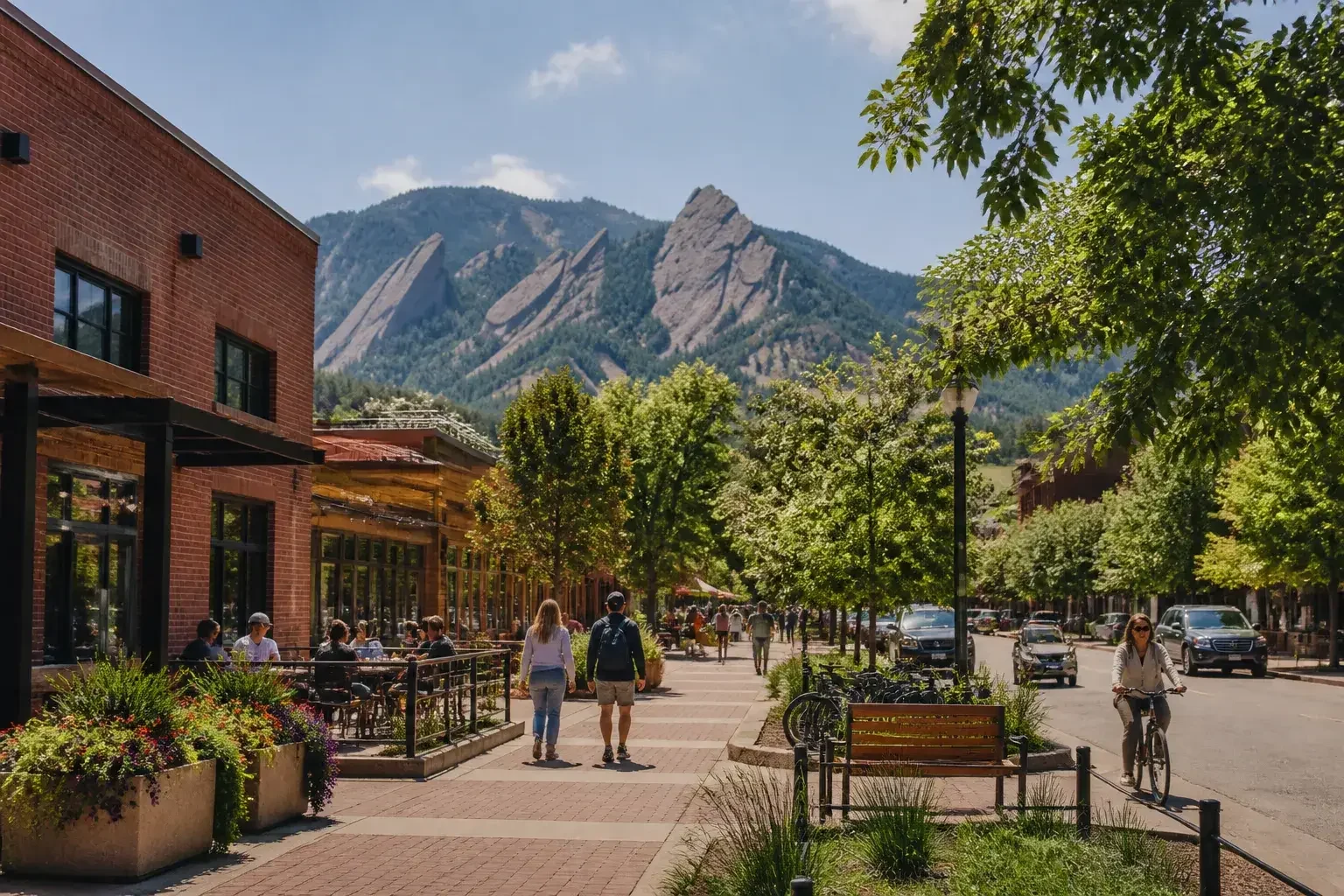 Boulder streetscape with foothills and local buildings