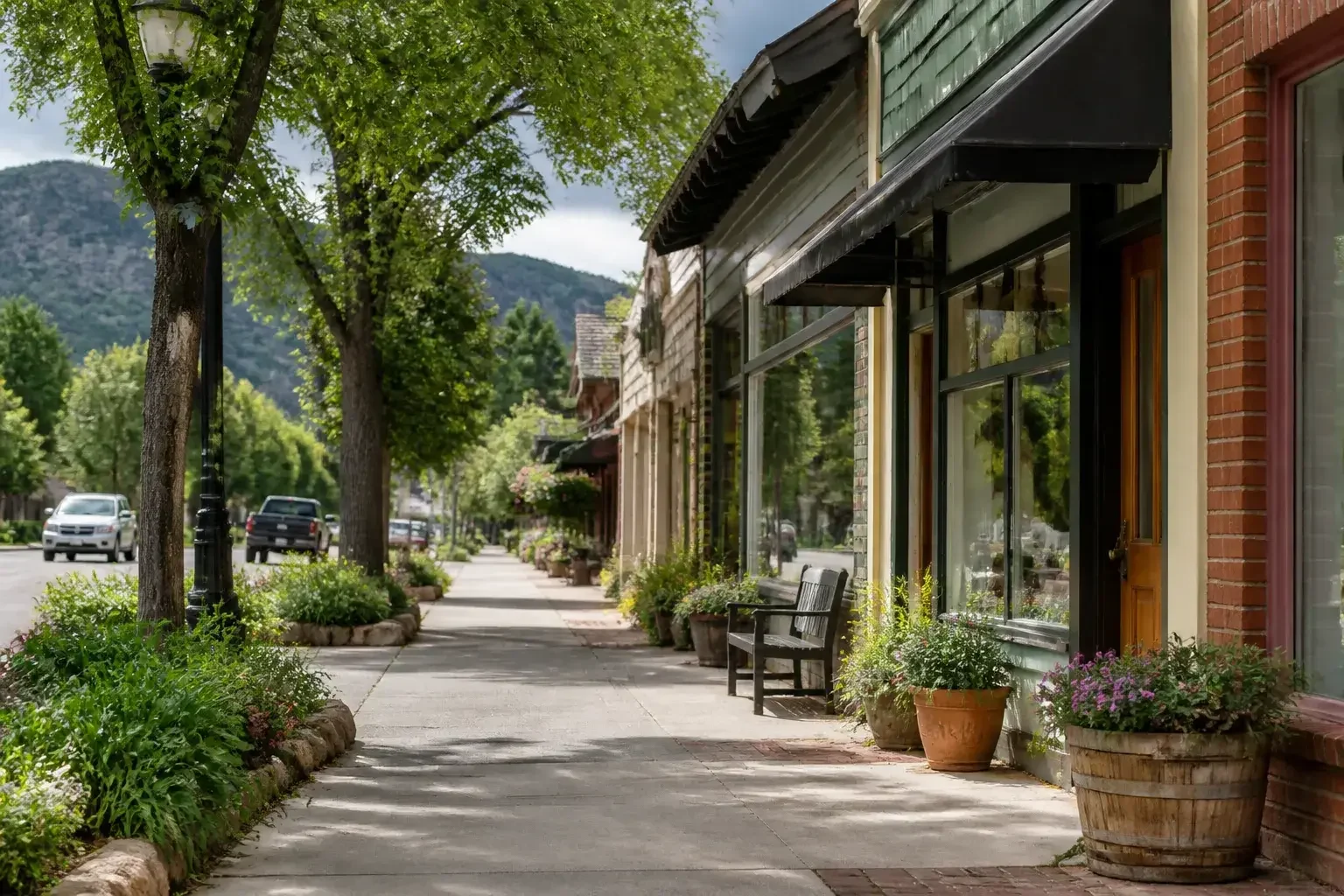 Niwot small-town streetscape with storefronts and trees