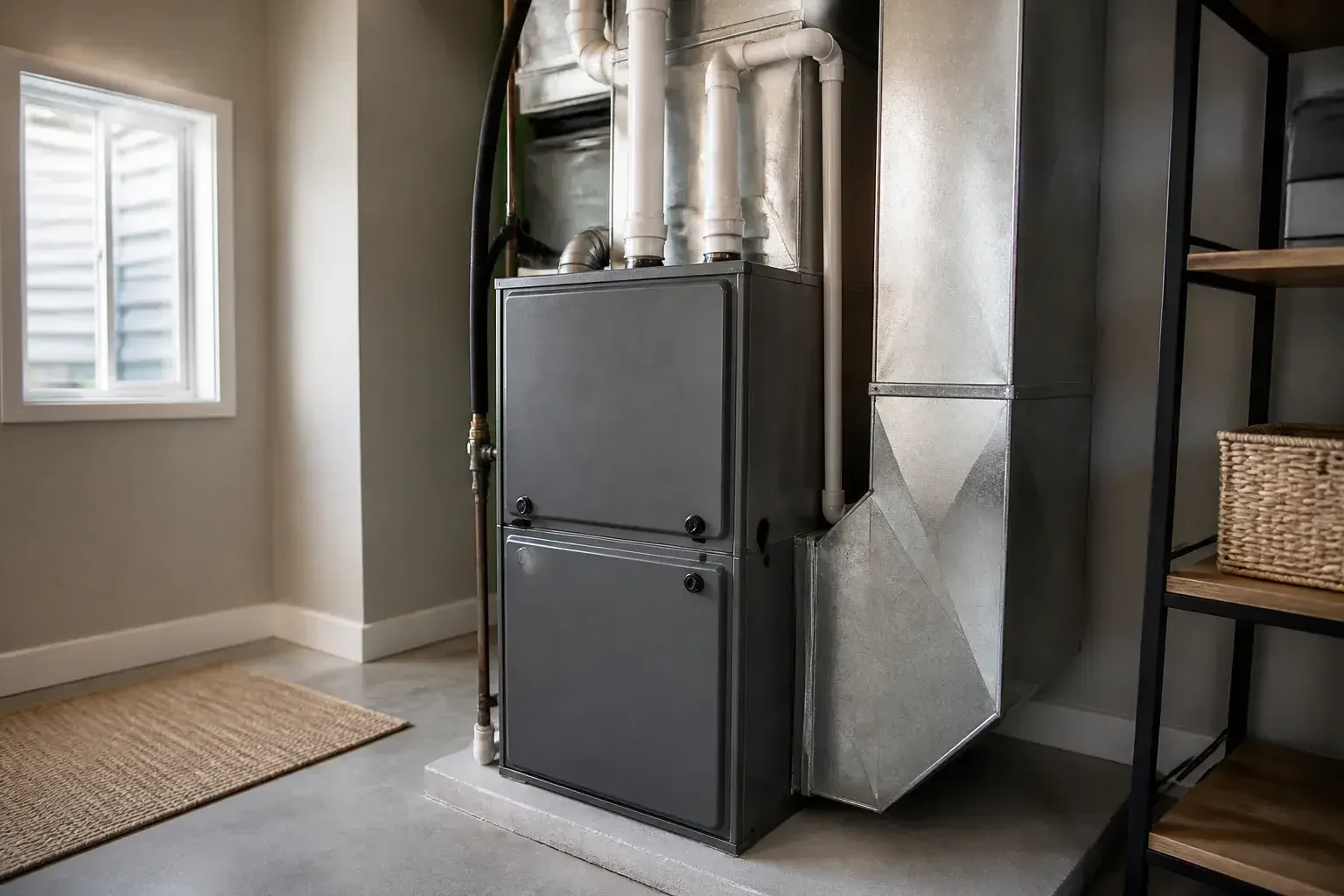 Finished furnace repair in a clean home mechanical room