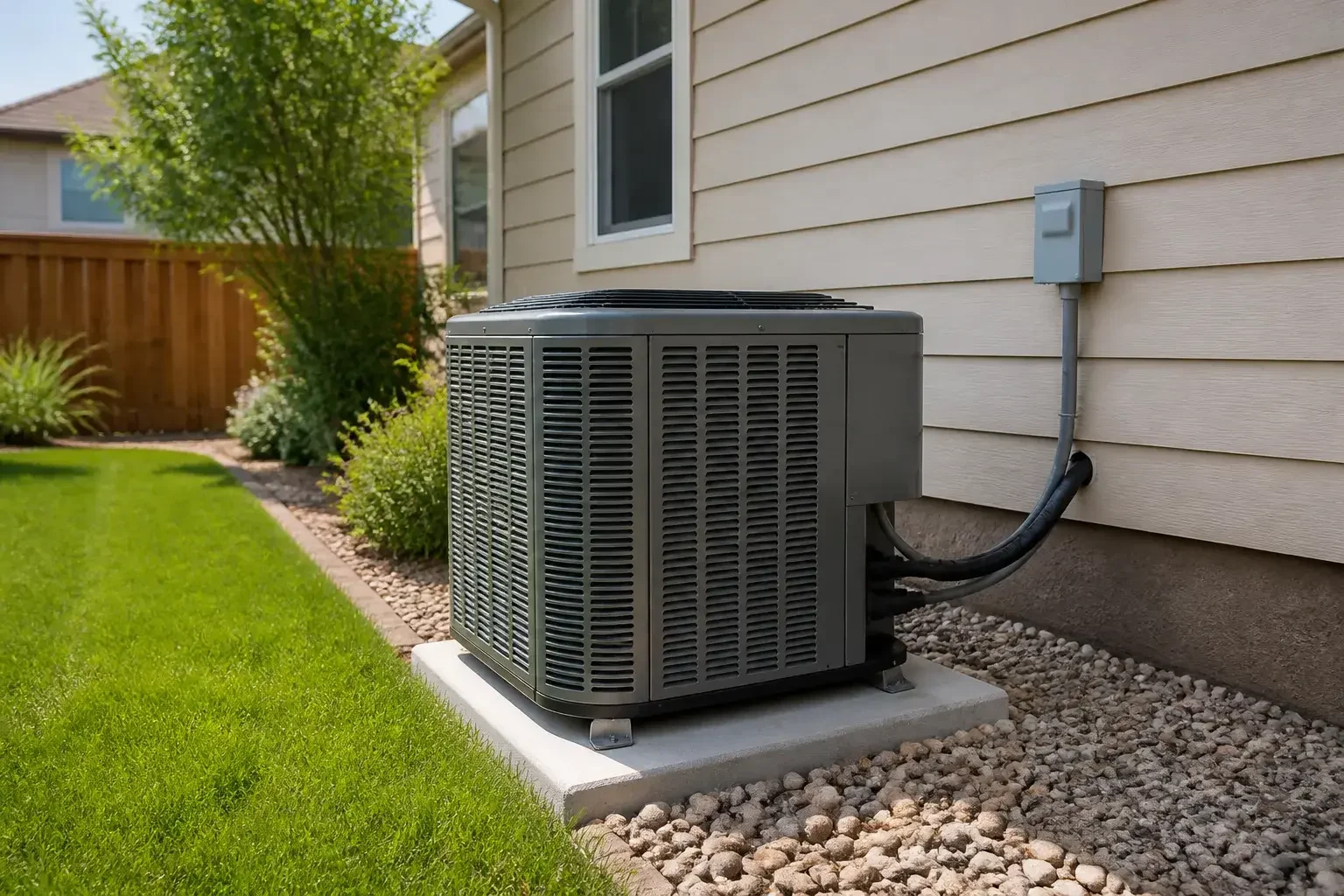 Completed AC installation beside a suburban home